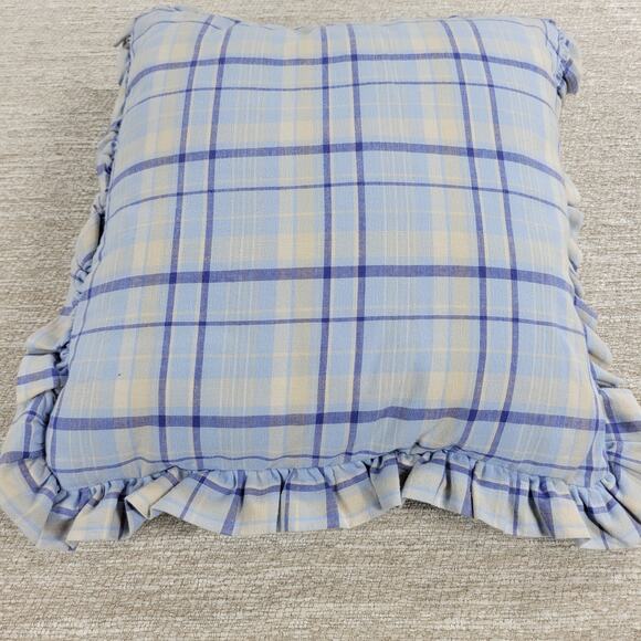VTG Laura Ashley Emilie Pillow 16" Square Blue Cream Plaid Ruffle Trim Cotton - Picture 6 of 16
